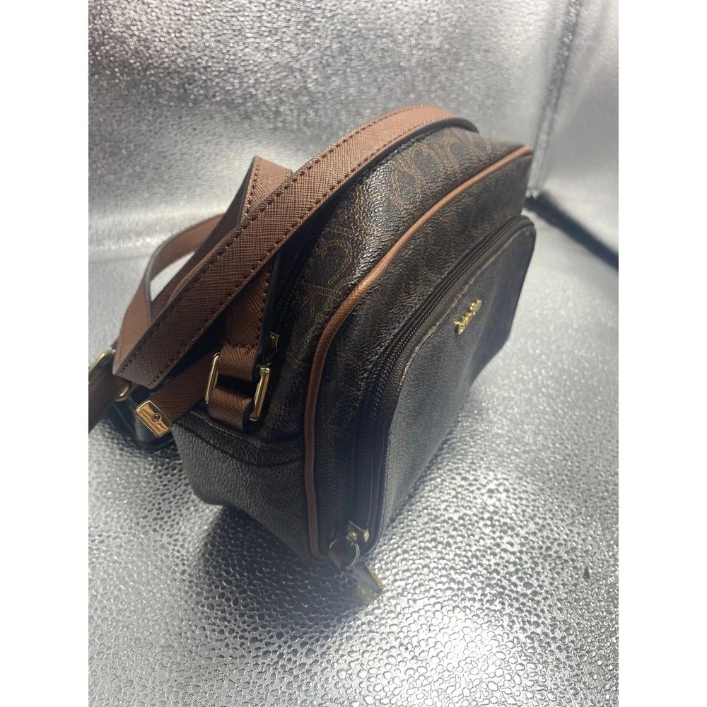 Calvin Klein Brown Monogram Logo Crossbody Camera Bag Tan Trim Gold Hardware
